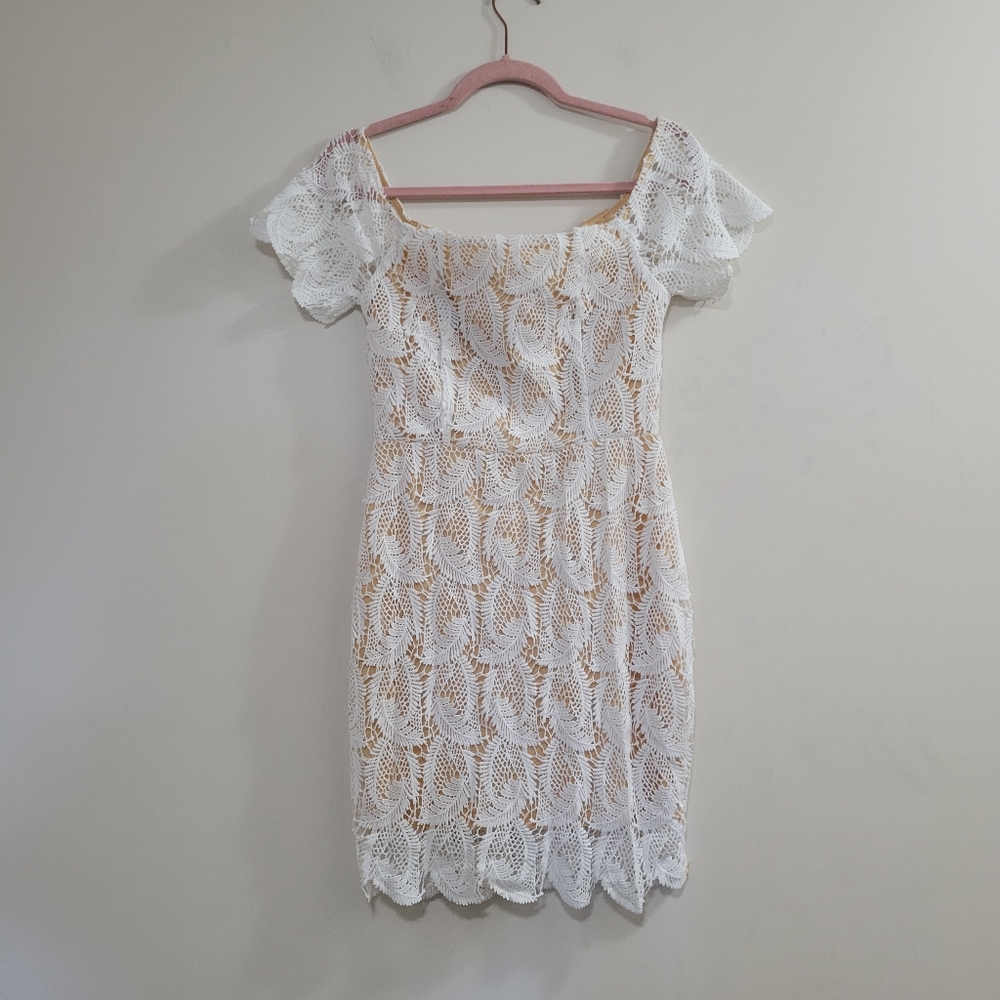 Fashion Nova white crochet lace mini dress off shoulder nwt M